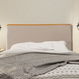 Cabeceira Cama Box Casal 1,40m Estofada Detalhe em Madeira Java Veludo Bege - 1