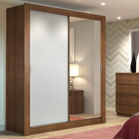 Guarda-Roupa Solteiro Madesa Dallas 2 Portas de Correr com Espelho 2 Gavetas Rustic/Branco Cor:Rusti