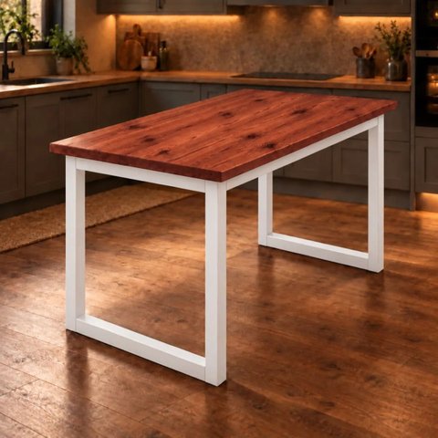 Mesa de Jantar Reforçada Industrial 150x90cm Tampo Vermelho Pés Branco