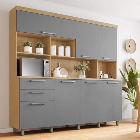 Armário de Cozinha 7 Portas 2 Gavetas 210cm 100% MDF Nobreza Marrom/Carvalho/Titânio