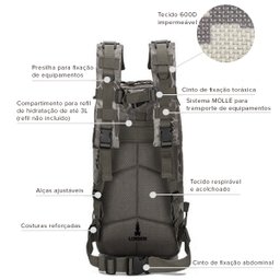 Mochila Multiuso Escolar Militar  Cargueira 30 Litros Camping Pesca Preto Lorben - 6