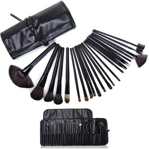 Kit Pincéis Maquiagem Profissional 24 Peças em Madeira com Estojo Organizador Preto