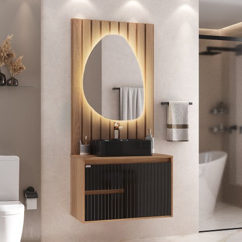 Conjunto para Banheiro Clarice 78cm com Painel Espelho Led e Cuba Stella - Fabribam