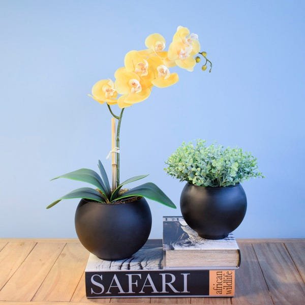 Arranjo de Flor Artificial Orquídea Amarela no Vaso de Vidro Preto Fosco | Linha Permanente - 4