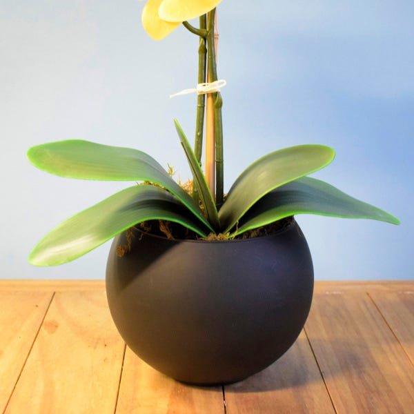 Arranjo de Flor Artificial Orquídea Amarela no Vaso de Vidro Preto Fosco | Linha Permanente - 3