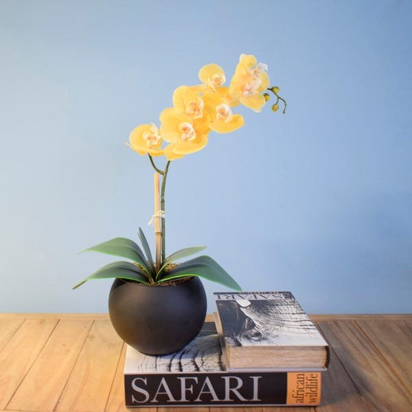 Arranjo de Flor Artificial Orquídea Amarela no Vaso de Vidro Preto Fosco | Linha Permanente