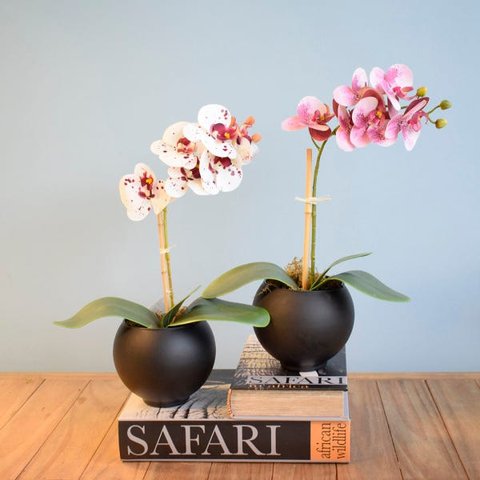 Arranjo de Flor Artificial Orquídea Tigre de Silicone No Vaso de Vidro Preto Fosco| Linha