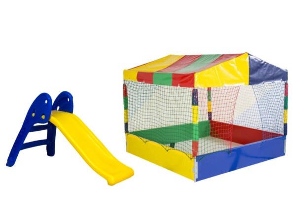 Kit Piscina de Bolinhas 2x2 + Escorregador Baby 2 Degraus Azul com Vermelho