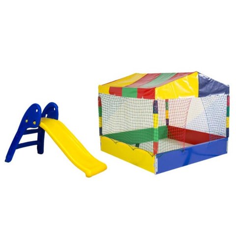 Kit Piscina de Bolinhas 2x2 + Escorregador Baby 2 Degraus Azul com Vermelho