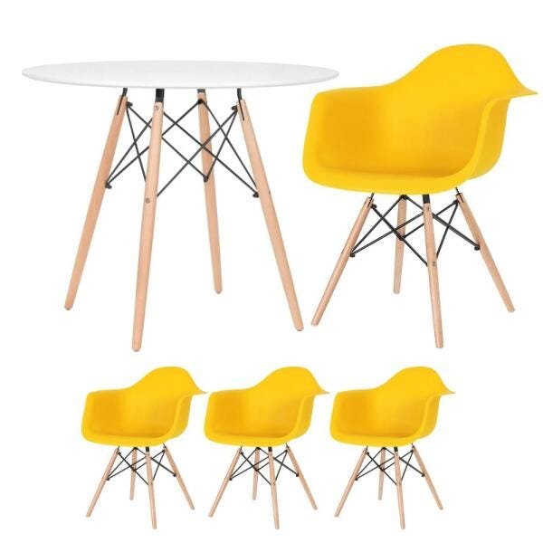 Mesa Redonda Eames 90cm Branco + 3 Cadeiras Eiffel Daw Amarelo - 1