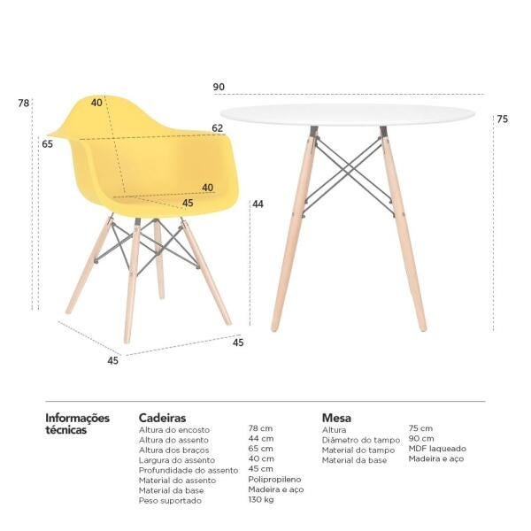 Mesa Redonda Eames 90cm Branco + 3 Cadeiras Eiffel Daw Amarelo - 8