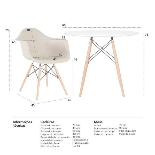 Mesa Redonda Eames 90cm Branco + 3 Cadeiras Eiffel Daw Nude - 8