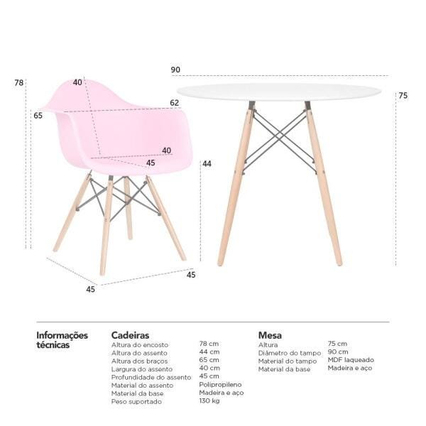 Mesa Redonda Eames 90cm Branco + 3 Cadeiras Eiffel Daw Rosa Claro - 8