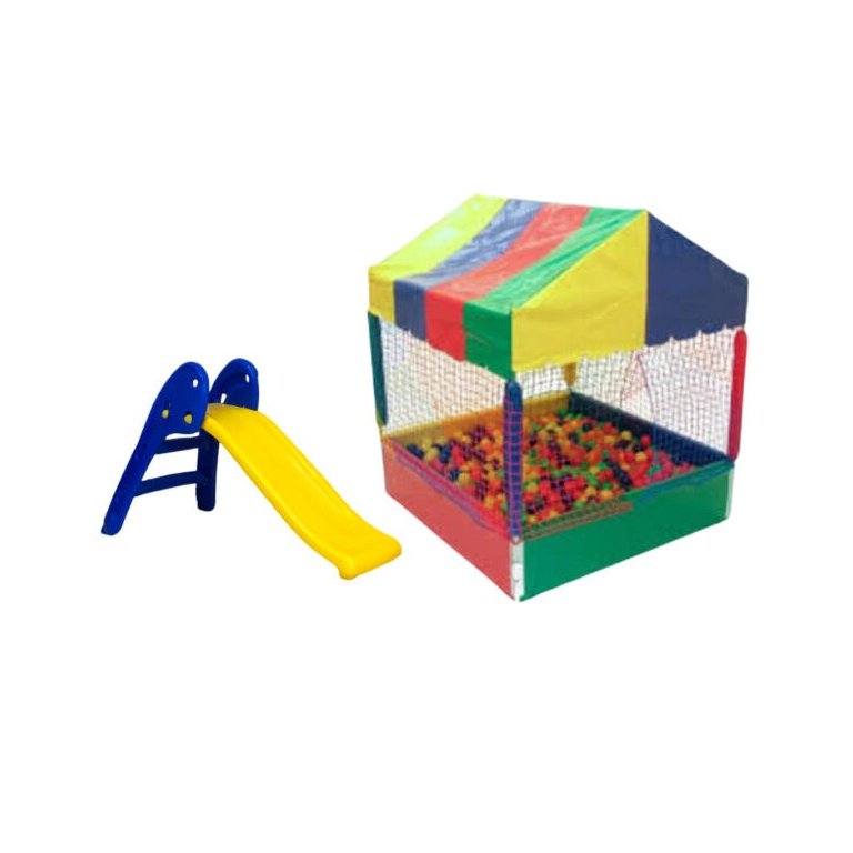 Kit Piscina de Bolinhas 1x1 + Escorregador Baby 2 Degraus Azul com Vermelho