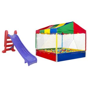 Kit Piscina de Bolinhas 1,5x1,5 + Escorregador Médio 3 Degraus Azul com Vermelho