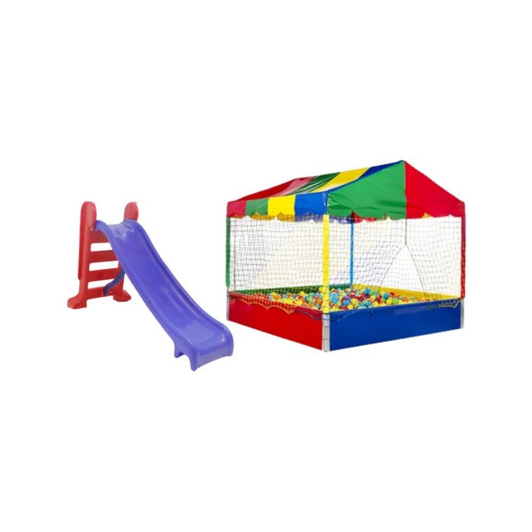 Kit Piscina de Bolinhas 1,5x1,5 + Escorregador Médio 3 Degraus Azul com Vermelho