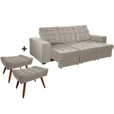 Sofá 3 Lugares Itália Plus 2,10m Retrátil, Reclinável, com 2 Puffs pés Palito, Bege