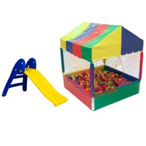 Kit Piscina de Bolinhas 1x1 + Escorregador Baby 2 Degraus Amarelo com Azul