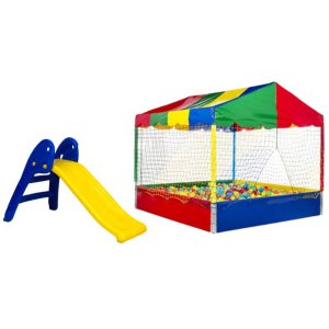 Kit Piscina de Bolinhas 1,5x1,5 + Escorregador Baby 2 Degraus Amarelo com Azul