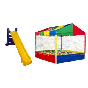 Kit Piscina de Bolinhas 1,5x1,5 + Escorregador Grande 4 Degraus Rosa com Roxo