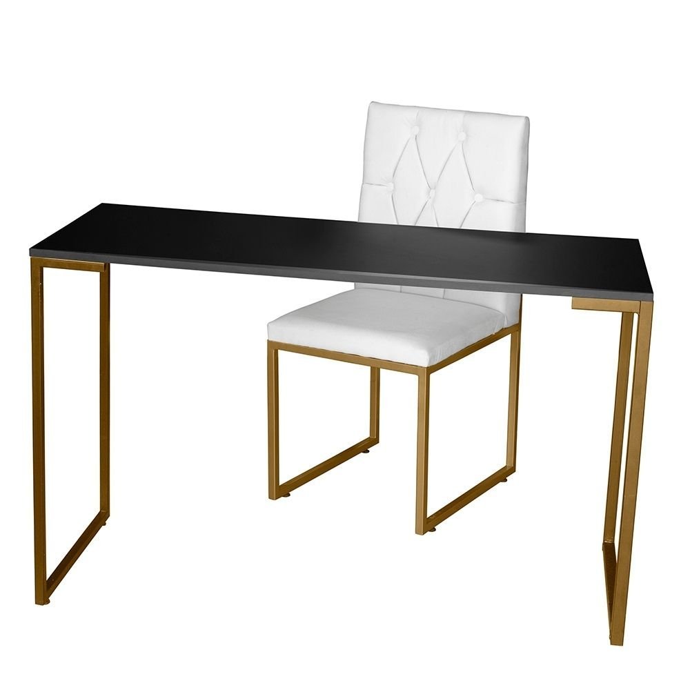 Kit Home Office Mesa Para Escritorio com Cadeira Malta Ferro Dourado Corino Branco - Móveis Mafer