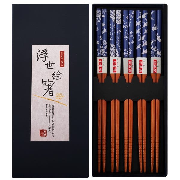 Kit 5 Pares Hashi Florais Azul Marinho Kyoto Yoi Conjunto De Palitos Japoneses Para Sushi Com Caixa