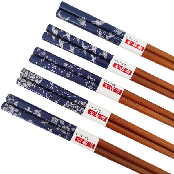 Kit 5 Pares Hashi Florais Azul Marinho Kyoto Yoi Conjunto De Palitos Japoneses Para Sushi Com Caixa - 5