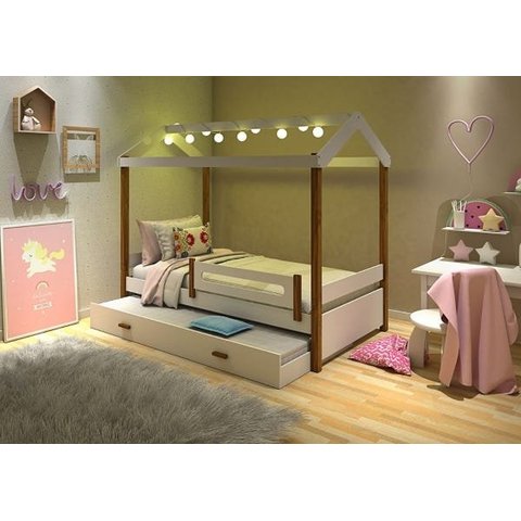 Cama Casa Eliz Branco/Mel com Cordão de Luzes LED e Cama Auxiliar