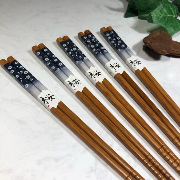 Kit 5 Pares Hashi Bambu Flor De Cerejeira Kyoto Yoi Palitos Japoneses Sushi Azul Marinho - 5