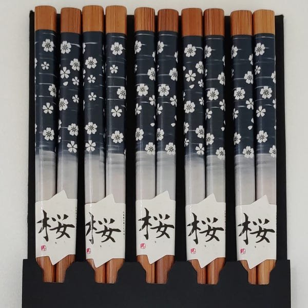 Kit 5 Pares Hashi Bambu Flor De Cerejeira Kyoto Yoi Palitos Japoneses Sushi Azul Marinho - 6