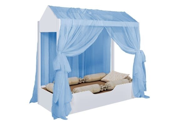Cama Casa Montessoriana Duda Branco com Voal Azul com colchão - 1