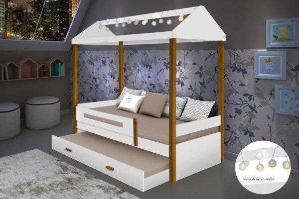 Cama Casa Sara Branco/Mel com Cordão de Luzes LED e Cama Auxiliar - 3