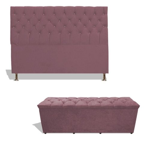 Kit Estrela Cabeceira de Cama Box Casal 140 Cm + Calçadeira Baú Suede Rosê Eli Móveis e Decora