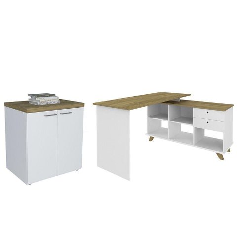Mesa Escrivaninha em L Golden e Balcão 2 Portas Tok A06 Olmo-branco - Mpozenato