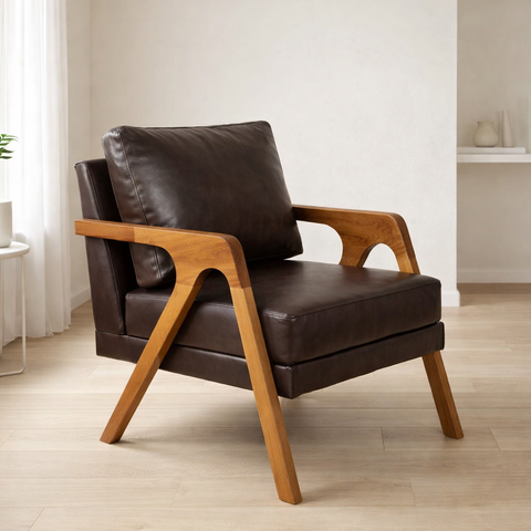 Poltrona Mona Luxo Madeira Maciça Corino Café para Sala de Estar Decorativa Moderna