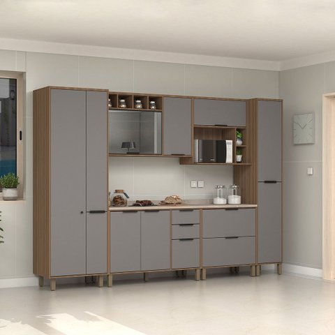 Cozinha Modulada Completa 6 Peças Balcões Aéreos Vidro Reflecta Comtampo Aspen Luciane Móveis