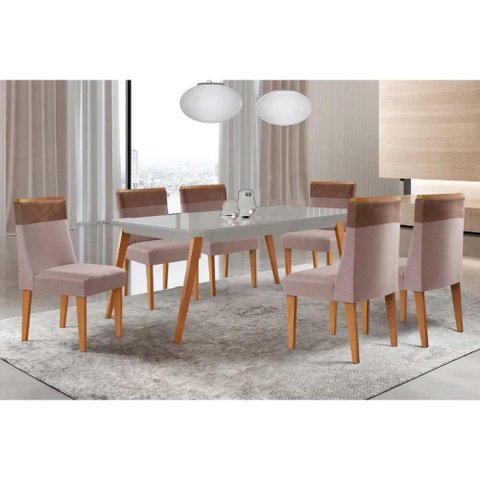 Sala de Jantar Completa Havana C/ Tampo Madeirado C/ Vidro Canto Curvo 180x90cm e 6 Cadeiras Jaspe