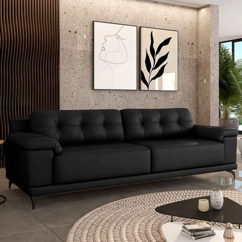 Sofá Living 4 Lugares 292cm Agostino Pés Design em Ferro Couro Preto G52 - Gran Belo