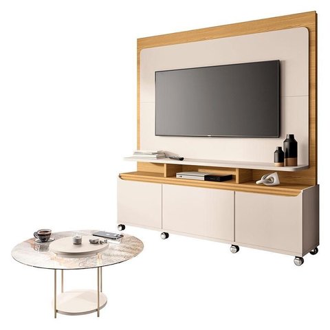 Estante Home Theater Quantum Off White Cinamomo e Mesa de Centro Sky com Tampo de Vidro Off White – 