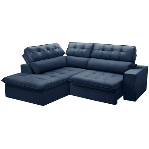 Sofá 3 Lugares Retrátil Reclinável Chaise Esquerdo 243cm Solin F04 Veludo Azul - Lyam Decor