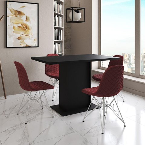 Mesa Jantar Londres Tampo Preto 120cm 4 Cadeiras Ferro Branco Estofado Vermelho