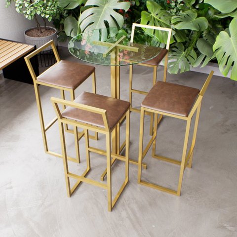 Jogo Mesa Alta Bistrô Redonda Vidro 4 Banquetas Estofado Confort Industrial Dourado Don Castro Decor