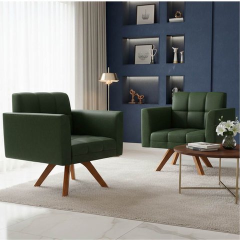 Poltrona Sala Decorativa Kit 2 Elisa Giratória Castanho Mm30 Sintético Pu Verde D03 - D’Rossi