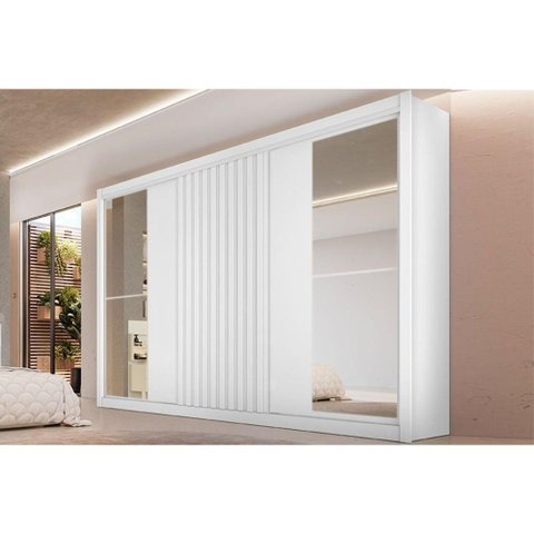 Guarda Roupa Casal 3 Portas de Correr 1 Ripada e 6 Gavetas C/2 Espelhos Vitória Branco Acetinado -