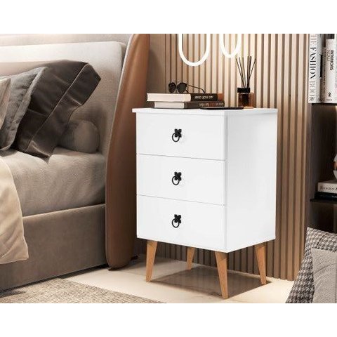 Mesa de Cabeceira Retrô com 3 Gavetas Madri:Branco