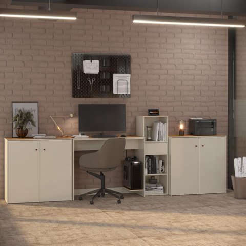 Conjunto de Escritório 4 Peças Smart Office Mesa Livreiro e 2 Aparadores Buffet - Off White e Cedro