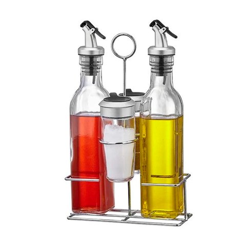 Jogo com 2 Galheteiros de Vidro e 2 Porta Condimentos com Suporte