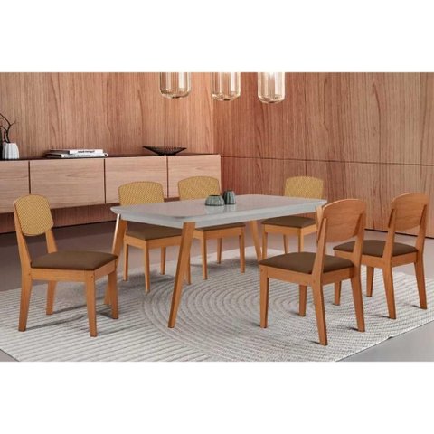 Conjunto: Mesa Sala Jantar Havana Tampo c/ Vidro Curvo 180cm+6 Cadeiras Havana Naturale/Off White -