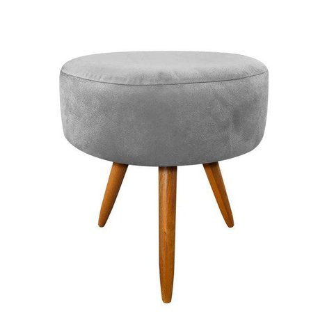 Puff Redondo Suede Cinza Pés Palito