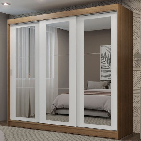 Guarda-Roupa Casal Madesa Kansas 3 Portas de Correr de Espelho 3 Gavetas Rustic/Branco Cor:Rustic/Br